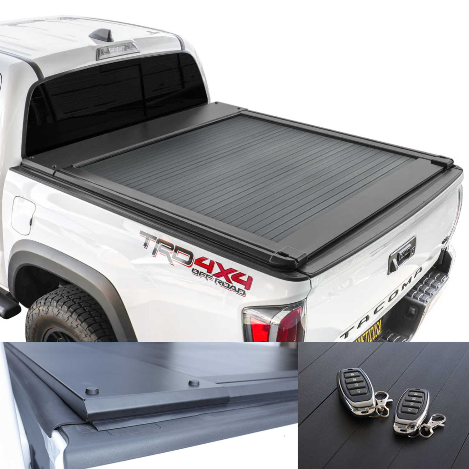 white Tacoma truck bed cover with remote control on a white background