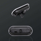 Black LED interior car light with clear lens, showing top and bottom views for easy installation