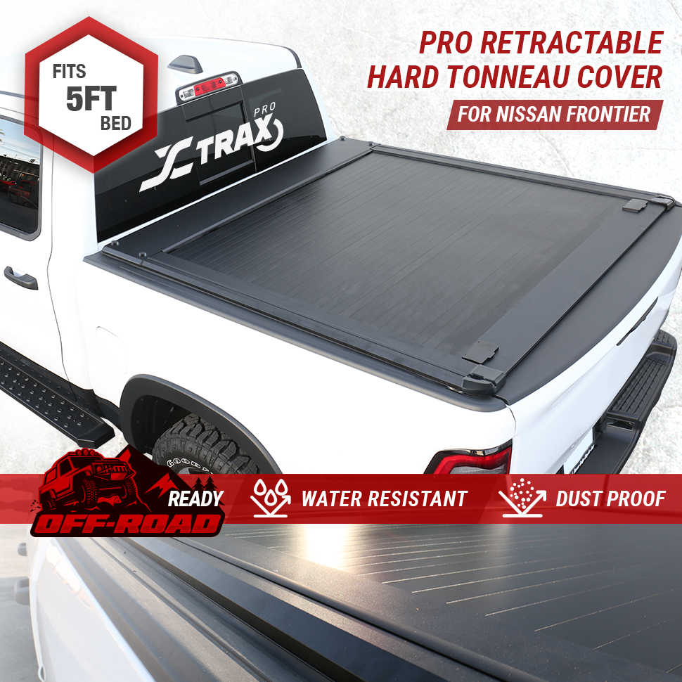 Pro Retractable Hard Tonno Cover for Nissan Frontier with branding and features highlighted.