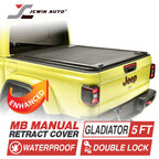 Yellow Jeep truck with a tonneau cover, featuring JCWin Auto branding and product features.