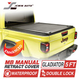 Yellow Jeep truck with a tonneau cover, featuring JCWin Auto branding and product features.