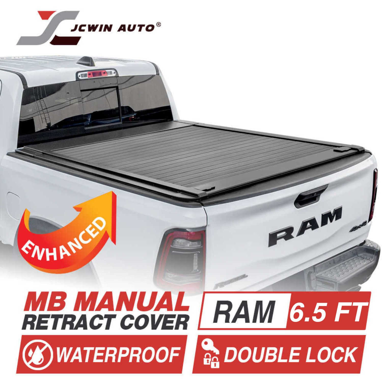 White Ram truck with a black tonneau cover featuring JCWin Auto branding and product features.