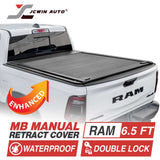 White Ram truck with a black tonneau cover featuring JCWin Auto branding and product features.
