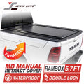 White Ram truck with a black tonneau cover, featuring JCWin Auto branding and product features.