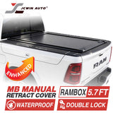 White Ram truck with a black tonneau cover, featuring JCWin Auto branding and product features.