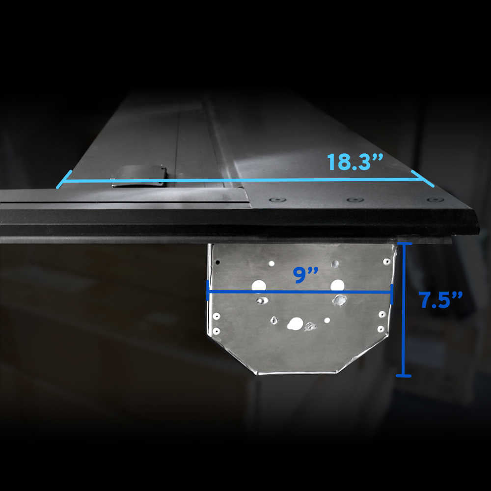 A close-up of a black mounting bracket or shelf support with overlaid dimension .lines 