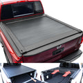 Retractable truck bed cover on a red Titan truck with open and closed views.