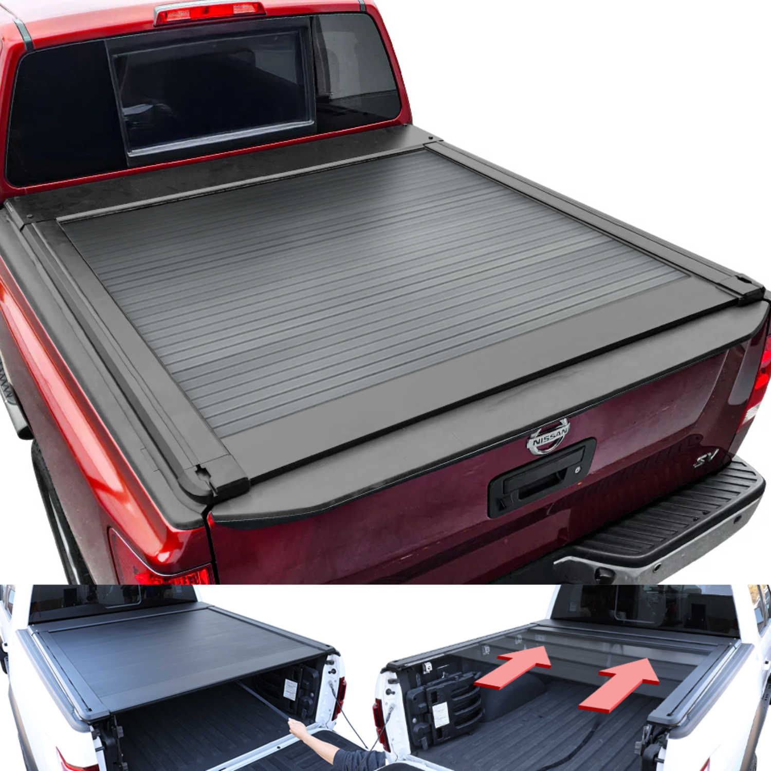 Retractable truck bed cover on a red Titan truck with open and closed views.