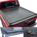 Titan Truck bed cover on a red truck with remote control and key fob inset.