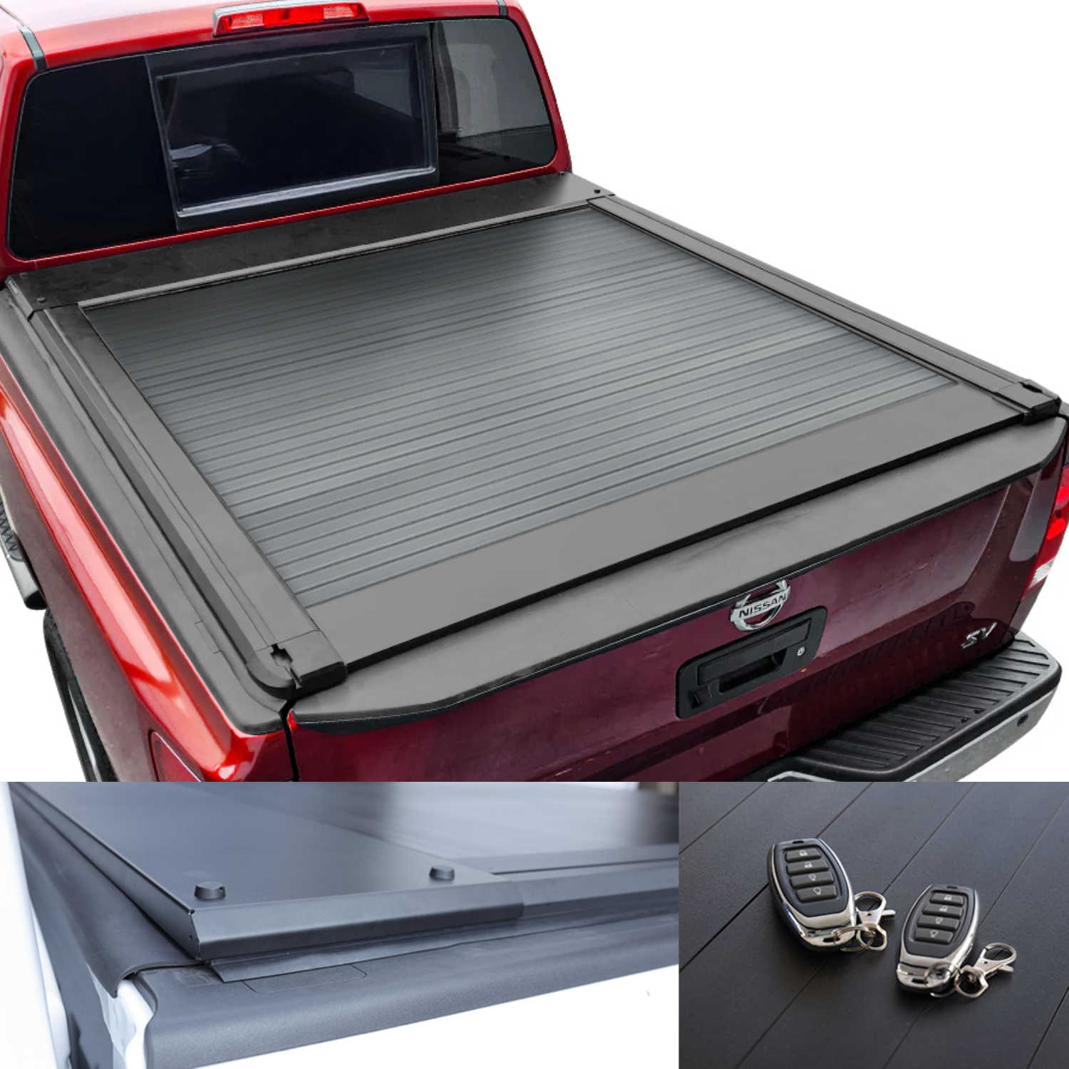 Titan Truck bed cover on a red truck with remote control and key fob inset.