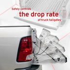 A close-up of the rear left side of a white pickup truck showing a deployed clear plastic tailgate safety control with attached black cables. Red text reads 'Safely controls the drop rate of truck tailgate' over a white background with a faded inset of the tailgate.