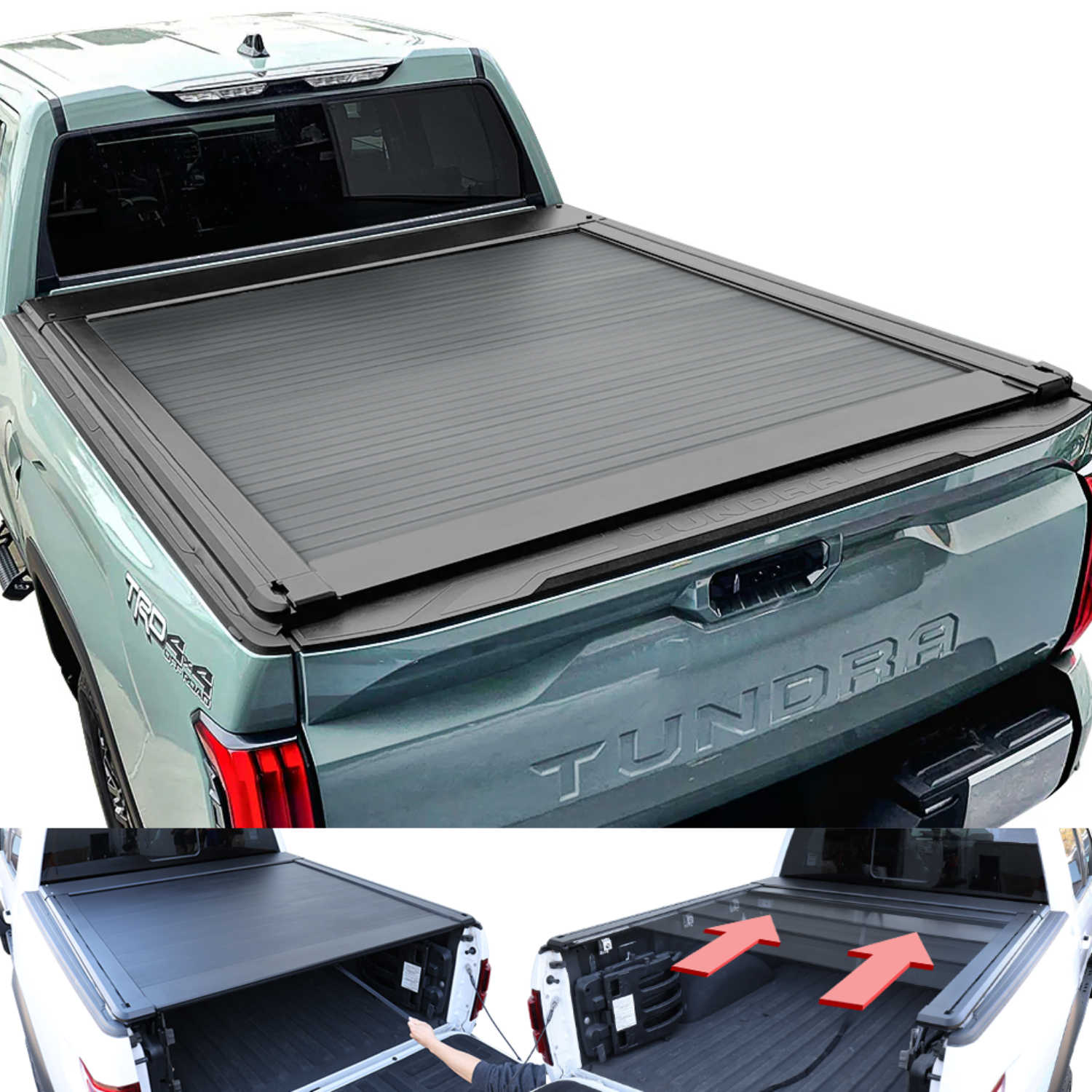 Tonneau cover on a Toyota Tundra truck bed with an open view showing storage compartments.