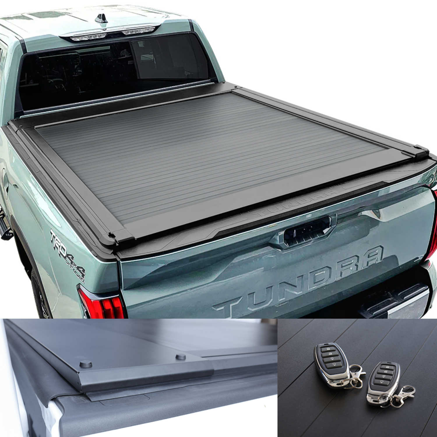Tonneau cover on a Toyota Tundra standard truck bed with close-up details.