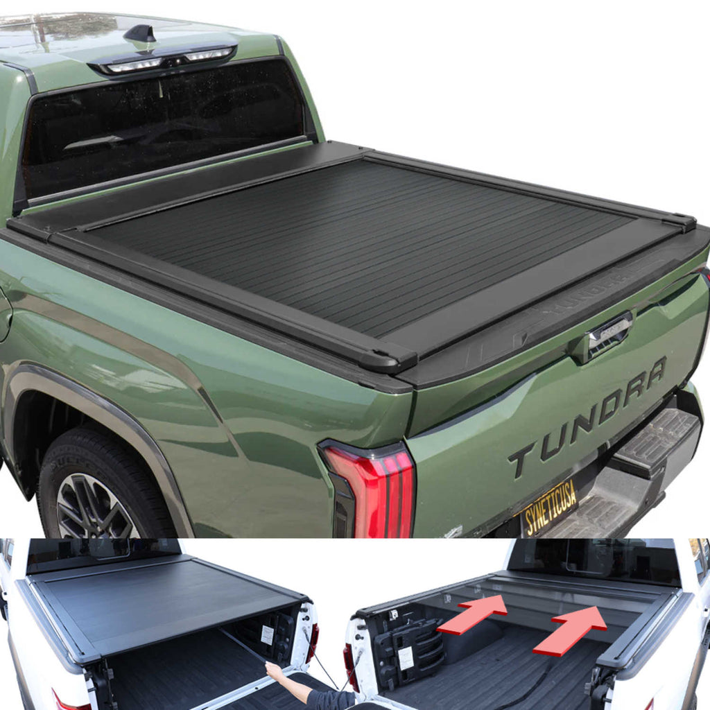 Green Toyota Tundra truck with a black tonneau cover on a white background