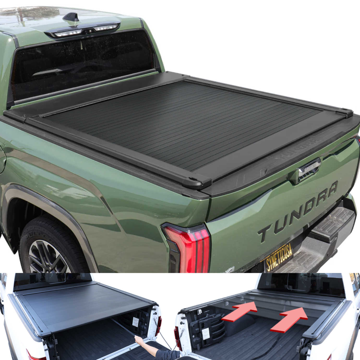 Green Toyota Tundra truck with a black tonneau cover on a white background