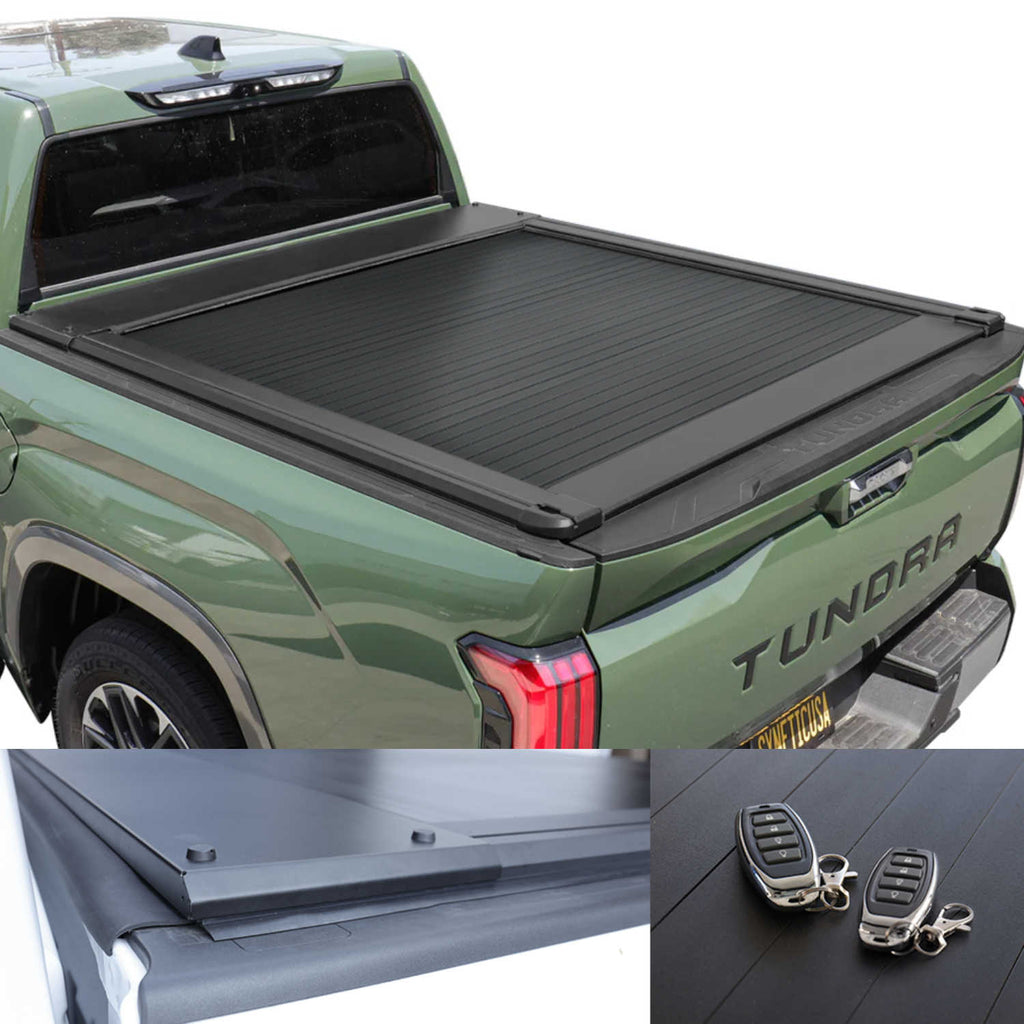 Green Toyota Tundra truck with a tonneau cover, key fob, and additional cover on a white background.