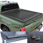 Green Toyota Tundra truck with a tonneau cover, key fob, and additional cover on a white background.