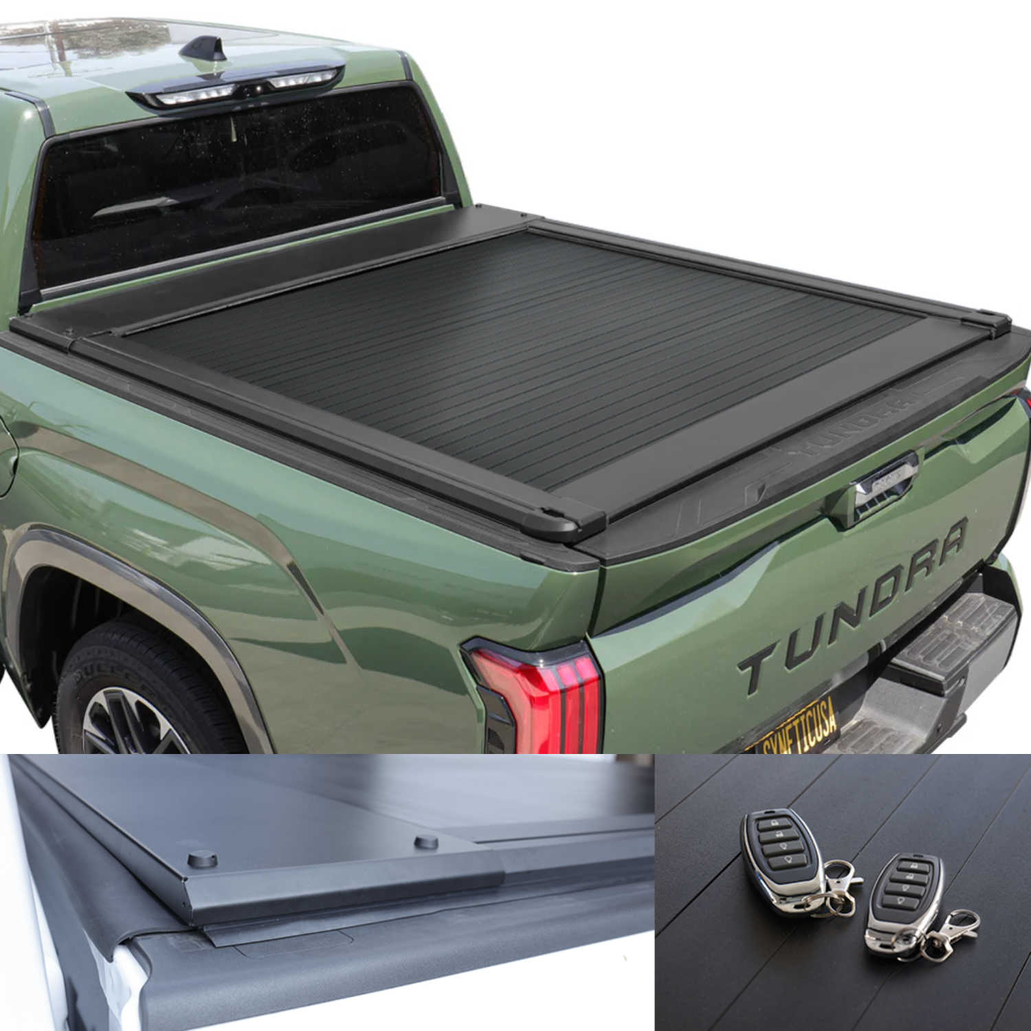 Green Toyota Tundra truck with a tonneau cover, key fob, and additional cover on a white background.