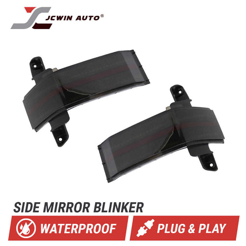 Two car side mirror blinkers with JCWin Auto branding on a white background.