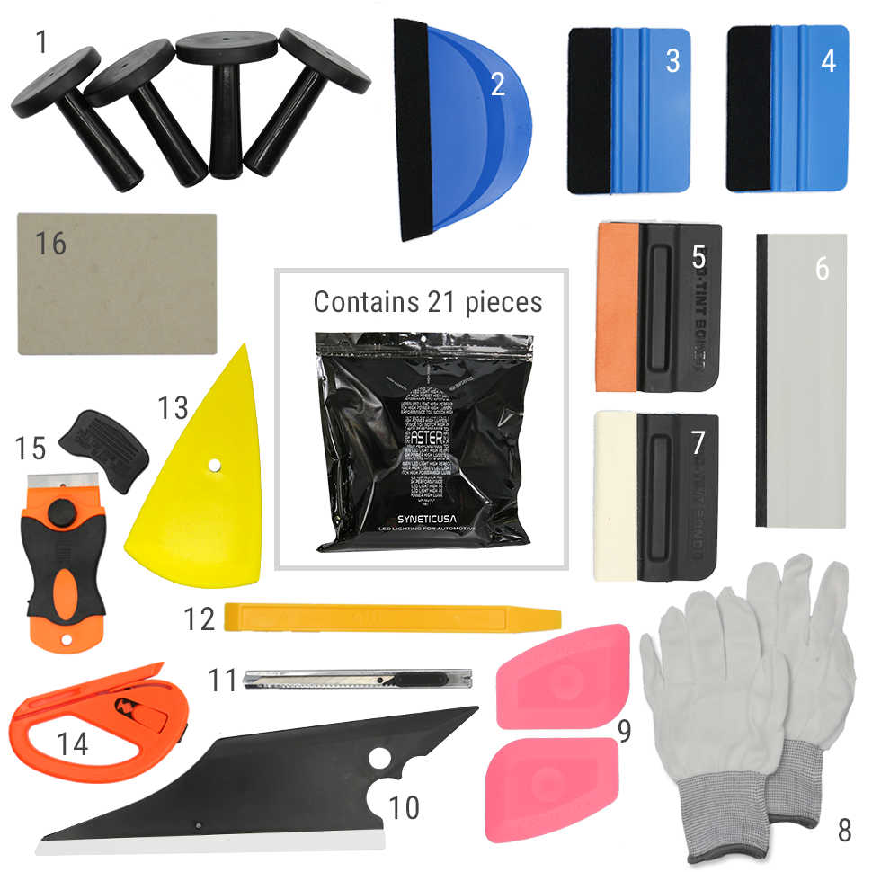 21-piece automotive tinting tool kit with squeegees, gloves, and installation accessories
