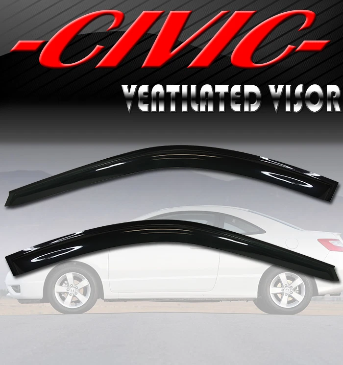 Two glossy black vinyl car windshield sun visor covers displayed against a gray gradient background with a faded white sedan and a large red 'CIVIC' logo at the top.
