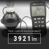 Lumens measurement device showing 3921 lm with a light bulb and digital display.