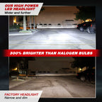 Comparison of high power LED headlights and factory headlights in a parking lot setting.