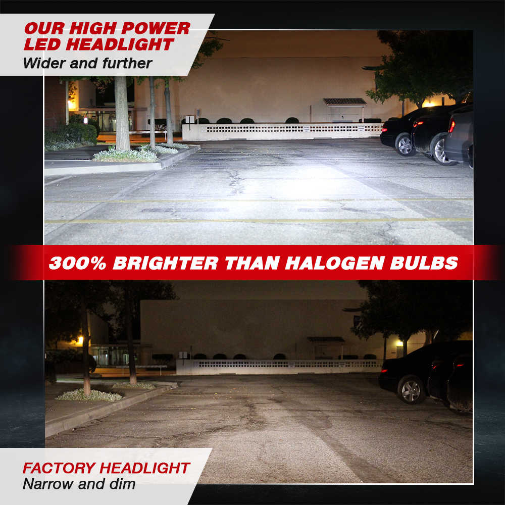 Comparison of high power LED headlights and factory headlights in a parking lot setting.