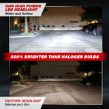 Comparison of high power LED headlights and factory headlights in a parking lot setting.