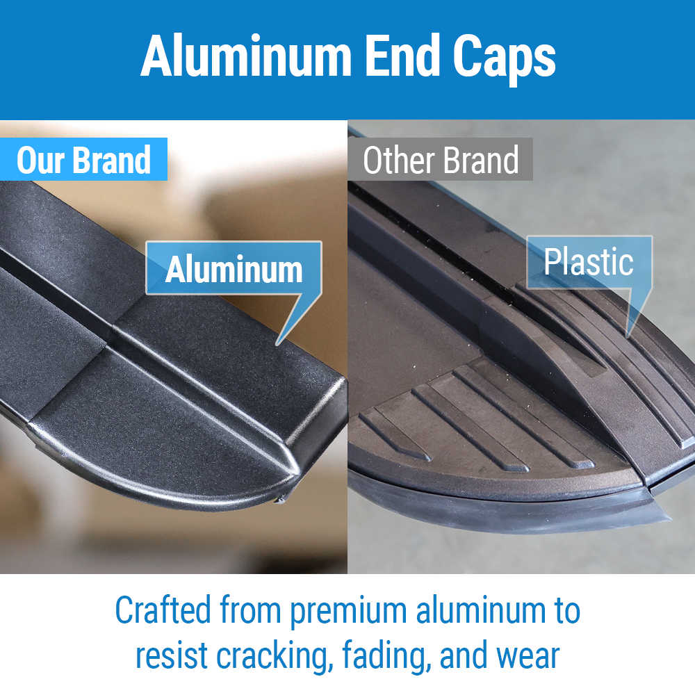 close up view on emb retractable materials having full aluminum endcap compared to other brand with plastic