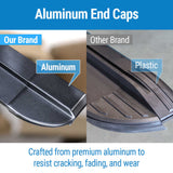 close up view on emb retractable materials having full aluminum endcap compared to other brand with plastic