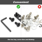 A product comparison graphic showing a black hex key and black mounting hardware on the left with a green check mark, versus a disassembled metal hardware kit on the right with a red X, under the heading 'Convenient' and with the text 'One hex key, saves time and thinking'.