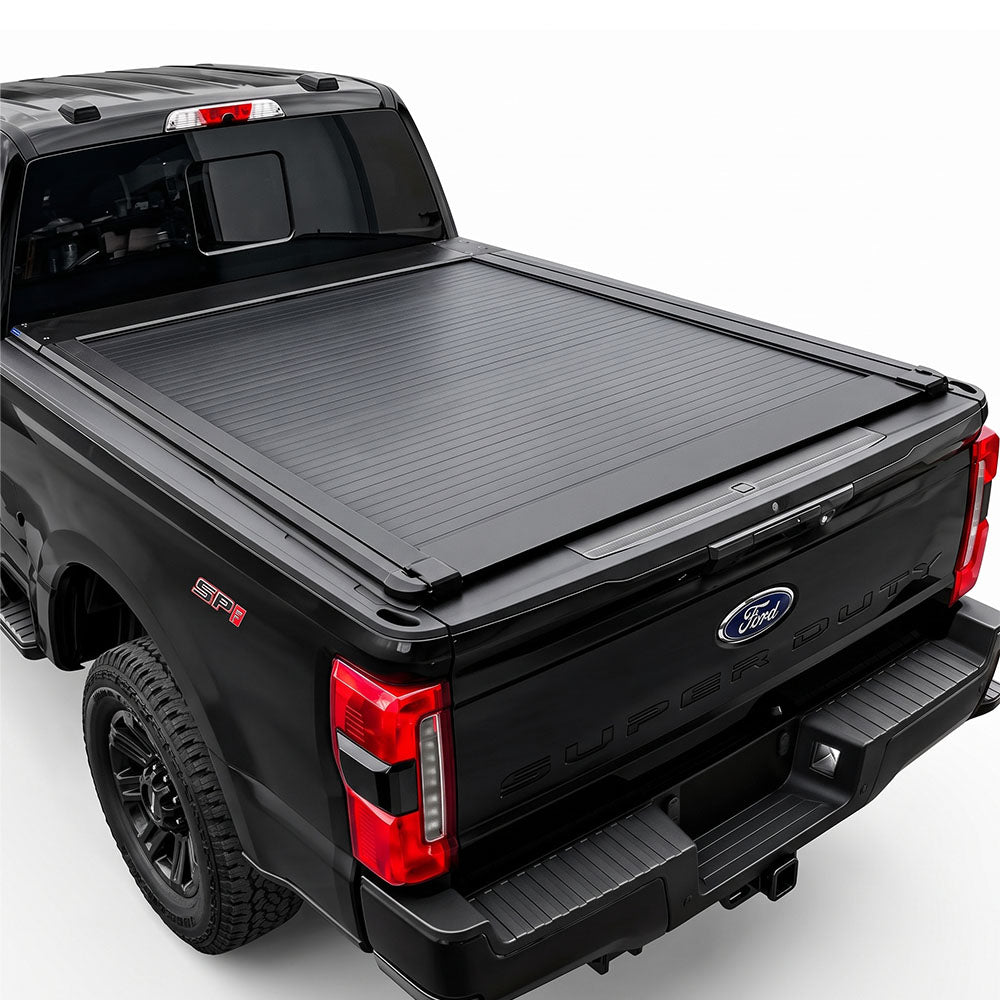 A truck bed cover installed on the bed of a black Ford F-250 Super Duty pickup truck.