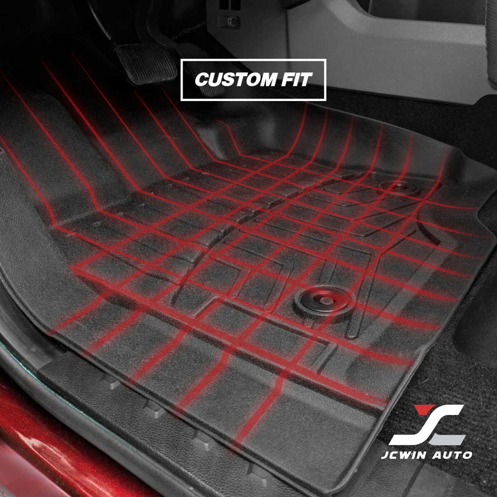 Custom-fit black car floor mat shown installed inside a vehicle, with red grid lines overlaid to indicate fitment and a 'CUSTOM FIT' label at the top. The JCwin Auto logo appears in the lower right corner.