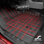 Custom-fit black car floor mat shown installed inside a vehicle, with red grid lines overlaid to indicate fitment and a 'CUSTOM FIT' label at the top. The JCwin Auto logo appears in the lower right corner.