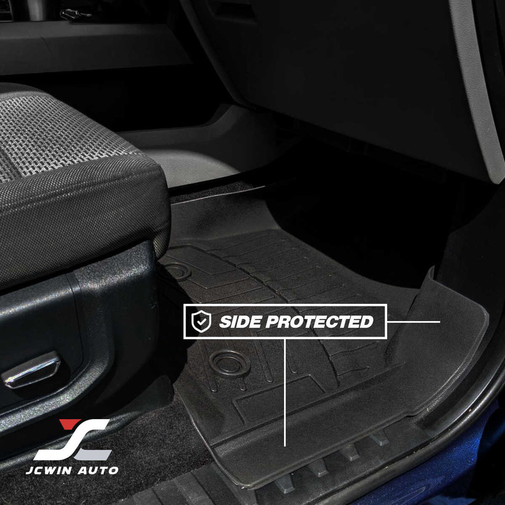 Black rubber car floor mat installed in a vehicle interior, shown with a front seat and door panel visible. White text overlay reads 'SIDE PROTECTED' with an arrow pointing to the mat, and a JCWIN AUTO logo appears in the lower left.