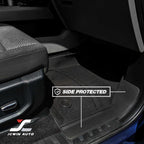 Black rubber car floor mat installed in a vehicle interior, shown with a front seat and door panel visible. White text overlay reads 'SIDE PROTECTED' with an arrow pointing to the mat, and a JCWIN AUTO logo appears in the lower left.