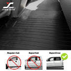 Black rubber truck bed liner shown installed inside a vehicle, with a JCWIN AUTO logo in the top left and three cab/model comparison graphics along the bottom labeled Regular Cab, SuperCab, and SuperCrew.