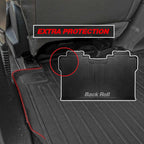 Black rubber car floor mat shown installed in a vehicle footwell, with an inset graphic highlighting the back roll area and red text reading 'EXTRA PROTECTION' and 'Back Roll'.