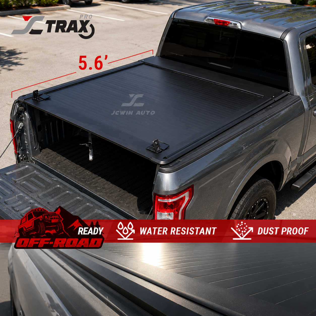 Truck bed with a tonneau cover, JC Win Auto branding visible, on an off-road ready truck.
