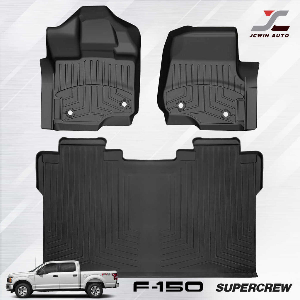 Three-piece black rubber floor mat set for Ford F-150 Supercrew, including two front passenger-side mats, one front driver-side mat, and one rear cargo mat, displayed on a light gray background with a white pickup truck illustration and the JCwin Auto logo.
