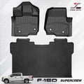Three-piece black rubber floor mat set for Ford F-150 Supercrew, including two front passenger-side mats, one front driver-side mat, and one rear cargo mat, displayed on a light gray background with a white pickup truck illustration and the JCwin Auto logo.