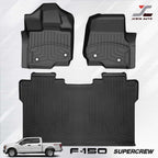 Three-piece black rubber floor mat set for Ford F-150 Supercrew, including two front passenger-side mats, one front driver-side mat, and one rear cargo mat, displayed on a light gray background with a white pickup truck illustration and the JCwin Auto logo.