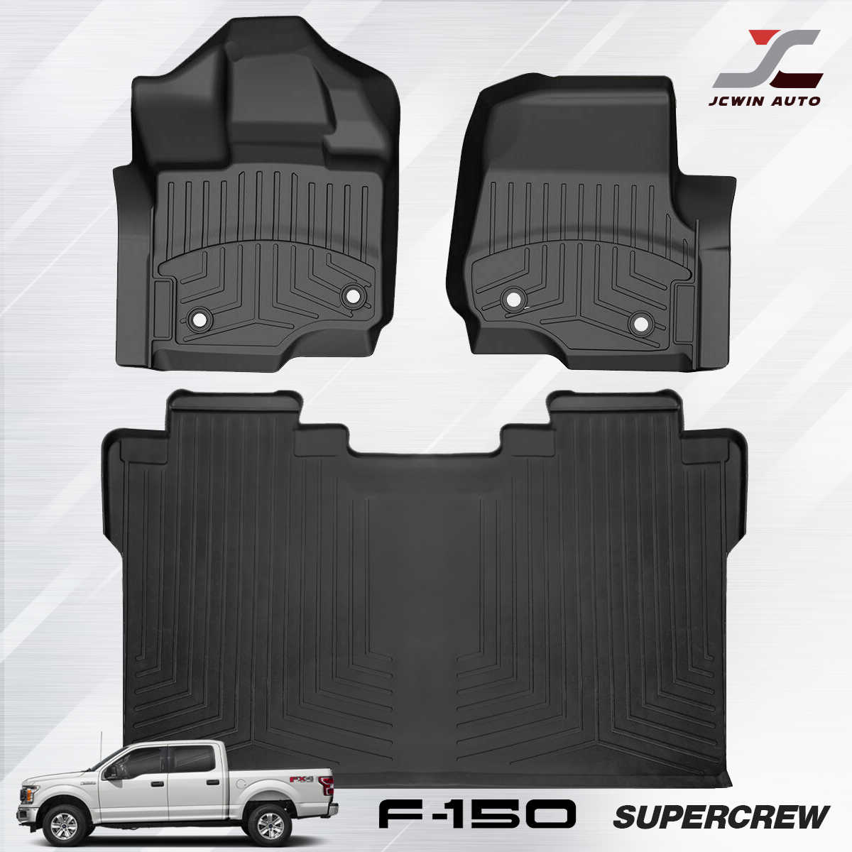 Three-piece black rubber floor mat set for Ford F-150 Supercrew, including two front passenger-side mats, one front driver-side mat, and one rear cargo mat, displayed on a light gray background with a white pickup truck illustration and the JCwin Auto logo.