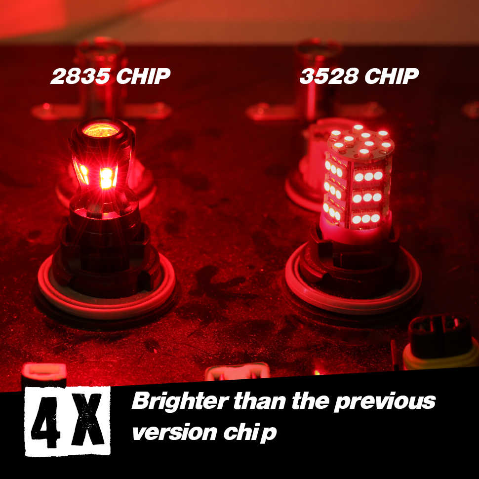 Two LED lights labeled '2835 CHIP' and '3528 CHIP' with text indicating brightness improvement.