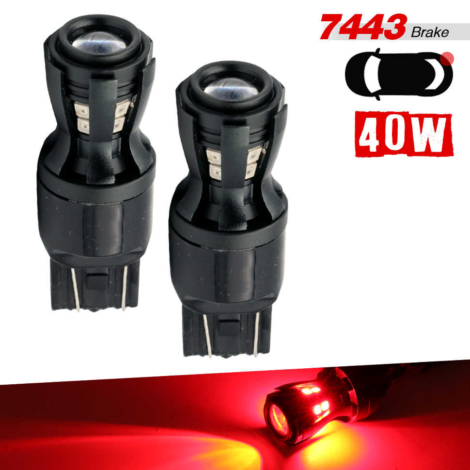 Two red LED brake lights with specifications on a white background