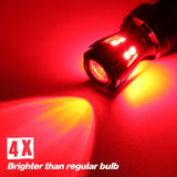 Red LED light bulb on a red background with text indicating brightness comparison.