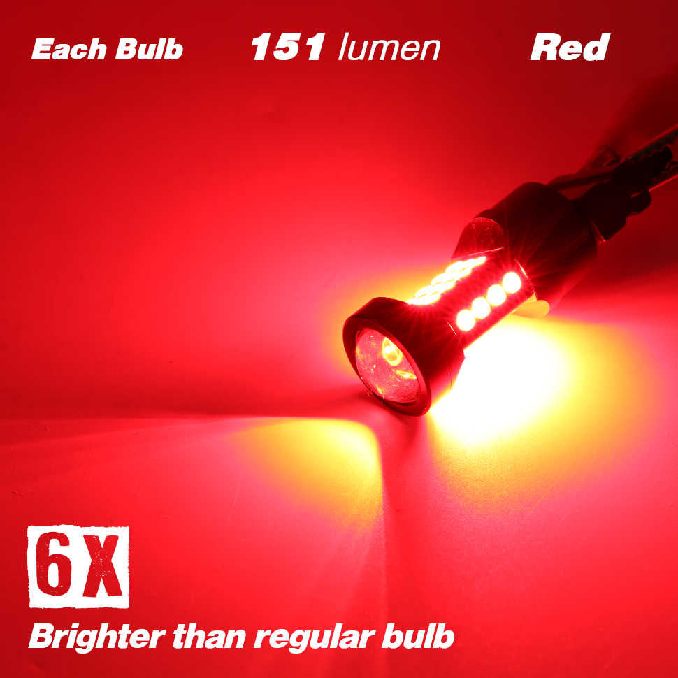 A red LED light bulb shown glowing brightly on a red background, with text overlays reading 'Each Bulb 151 lumen Red' and '6X Brighter than regular bulb'.