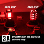Two red LED light bulbs labeled '3030 CHIP' and '3528 CHIP' shown side by side in a dark red-lit scene, with text at the bottom reading '3X Brighter than the previous version chip'.