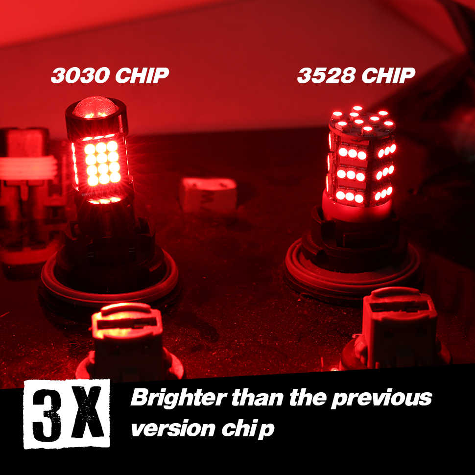 Two red LED light bulbs labeled '3030 CHIP' and '3528 CHIP' shown side by side in a dark red-lit scene, with text at the bottom reading '3X Brighter than the previous version chip'.